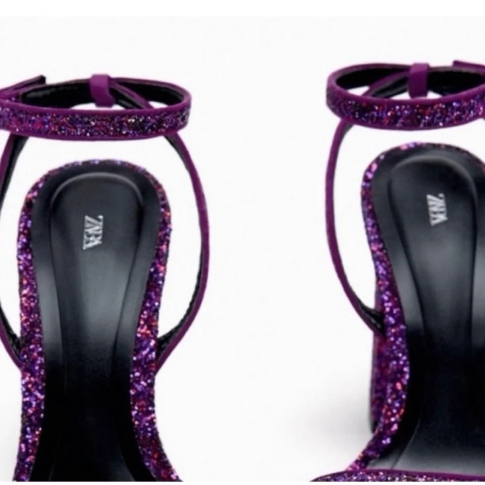 Zara Purple Glitter Block Heel Sandals w/ Ankle Strap Size 7.5 - Picture 6 of 11